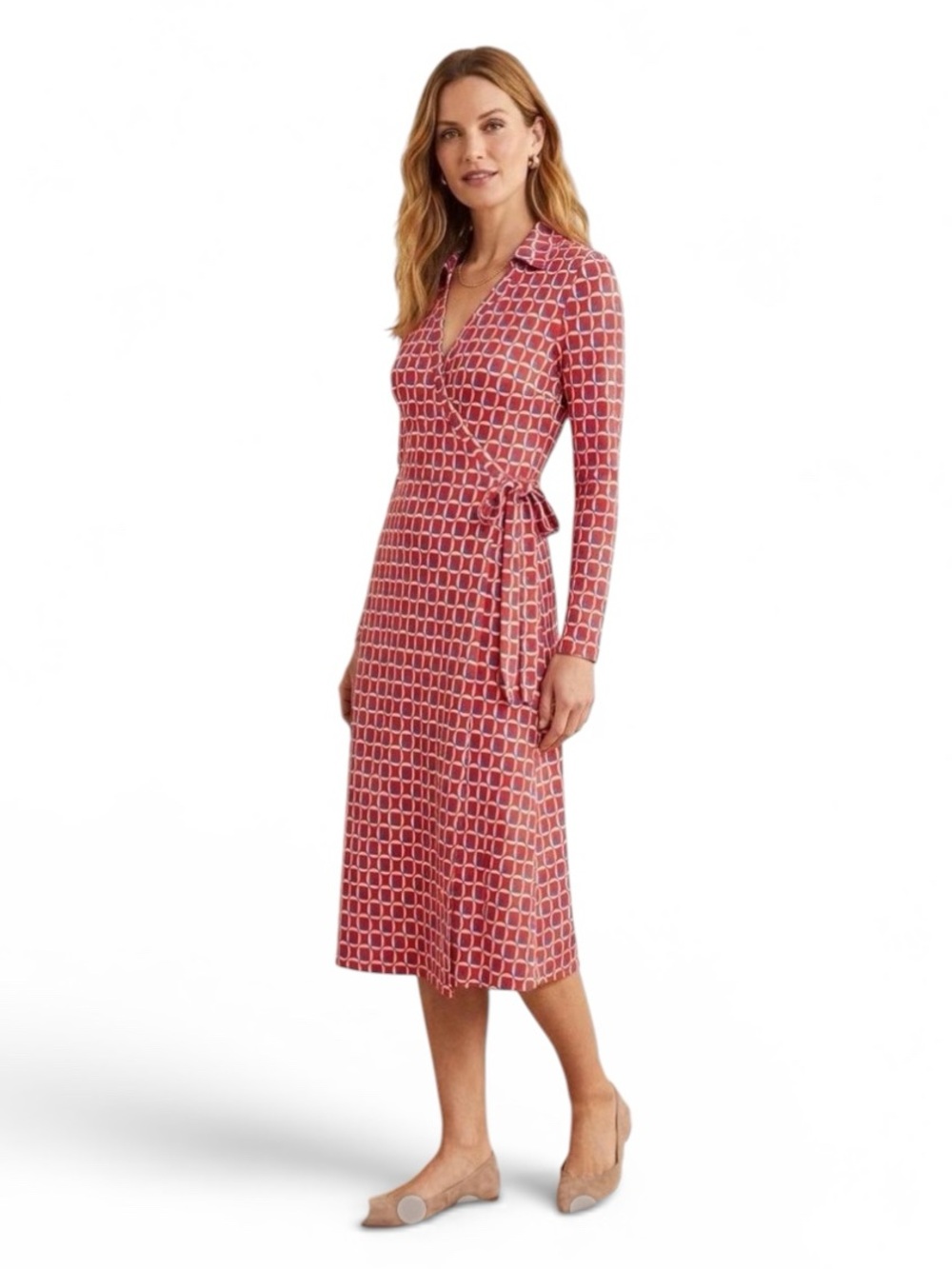 Boden Classic Jersey Knit Wrap Dress in Red White & Blue Geo Print Tall Size 10L